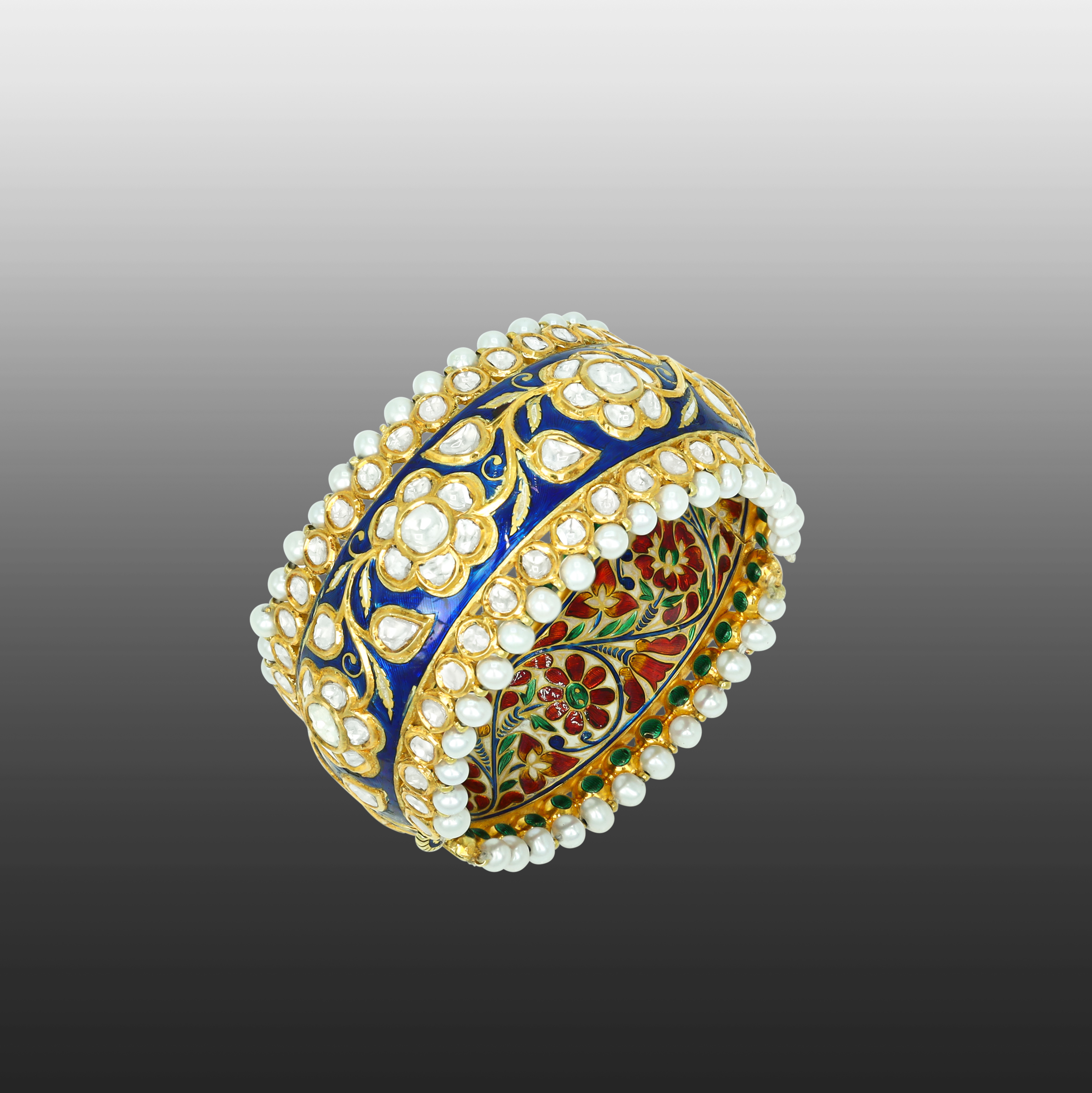 Indigo Enamel Bangle with Polki Florals and Pearl Edges